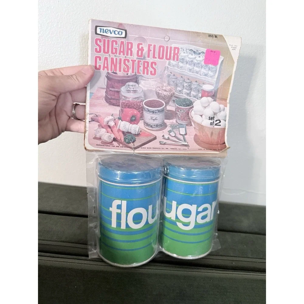 Vintage 70s MCM Groovy Blue Green Metal Canister Set of 2 Retro Sugar & Flour